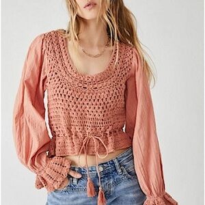Free People Megan Crochet Boho Style Salmon Blush Top - NWT!